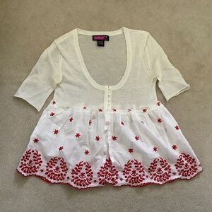 White mesh top with red embroidered